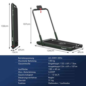 Treadmill, Electric, Foldable, Blue, 124 × 107 × 69 cm