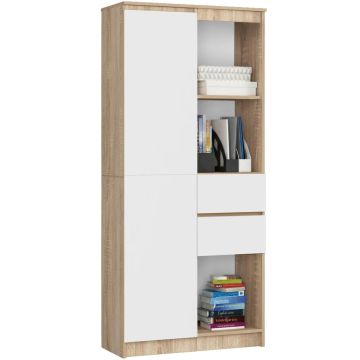 Офисный стеллаж AKORD R15, 1 дверца и 2 ящика, дубовый/белый, 80 × 180 × 35 см