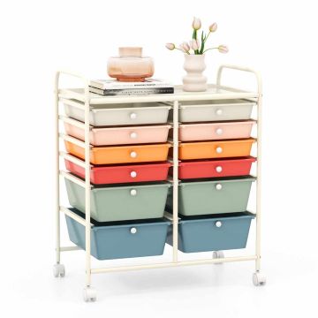 Storage trolley, 12 drawers, black / multi-colored / white / yellow / transparent, 63.5 × 74.93 × 38.1 cm