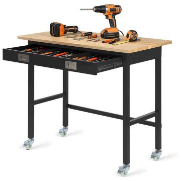 Верстак VEVOR FB4824C, с ящиком и колёсами, дубовый, 122 × 94 × 62 см