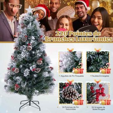 Artificial Christmas tree, 63 LEDs, 8 modes, 24 pine cones, 24 berries, Green/white, 80 × 180 cm