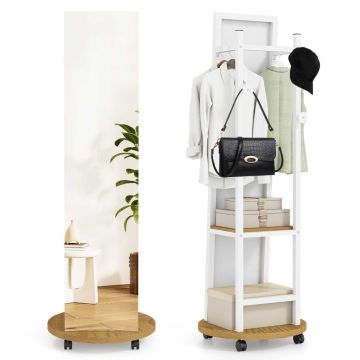 Clothes rack with mirror, 3 hooks, 2 shelves, White, Ø45 × 135 cm