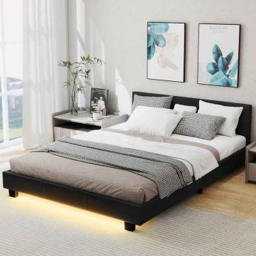 Double bed frame, with LED lighting, black, 210 × 65 × 145 cm
