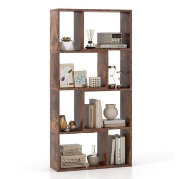 Geometric bookshelf with 8 cubes, 5 tiers, brown