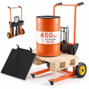 Hydraulic material handling forklift VEVOR SCDDC900, 205 kg, 70–900 mm, orange/black, 920 × 735 × 1165 mm