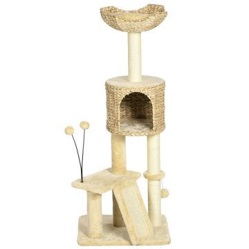 Cat scratching post, multi-level, with bed and hammock, Brown/cream, 45 × 40 × 116 cm