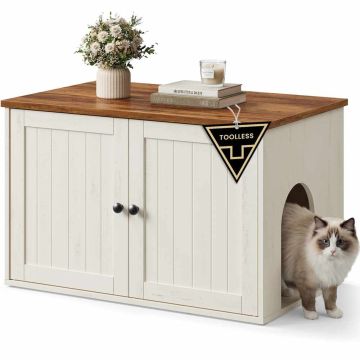 Шкаф для кошачьего туалета SONGMICS HOME, С раздвижными дверцами, Белый/коричневый, 80 × 50 × 50 см