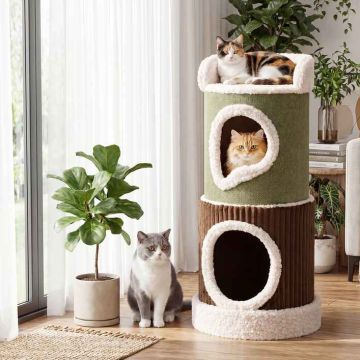 Cat House, 2 Houses, 2 Levels, Green/Brown/Sand, 16 × 33.5 inches
