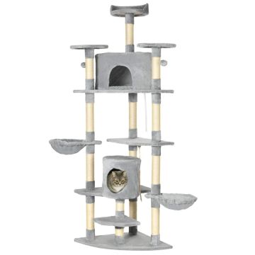 Домик для кошек с когтеточкой PawHut 60x60x200см, серо-песочный