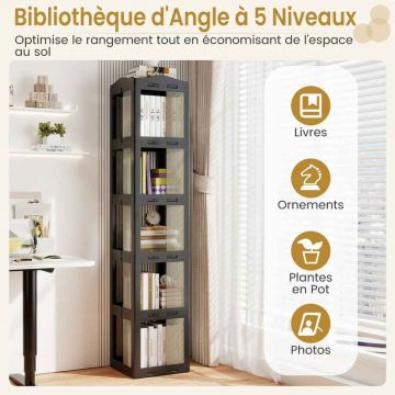 Corner bookshelf, 5 tiers, 360° rotatable, Black, 36.5 × 108 × 36 cm