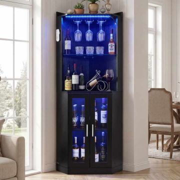 Corner wine cabinet VEVOR DX0202-C250499S-01, With LED lighting, Black, 500 × 500 × 1700 mm