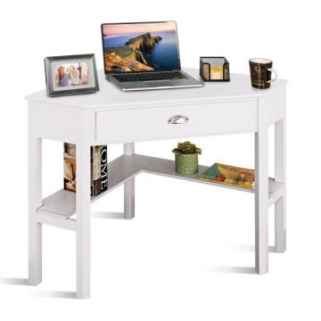 Corner Computer Desk, 1 Drawer, 2 Shelves, White, 41.5 × 30 × 28 inches