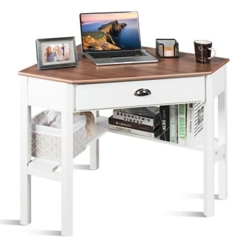 Corner computer desk, 1 drawer, 2 shelves, Brown, 74.5 × 76.5 × 74.5 cm
