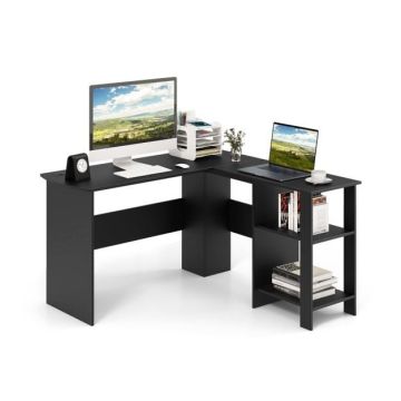 Corner computer desk, 2 shelves, 2 cable slots, Black, 130 × 130 × 74 cm