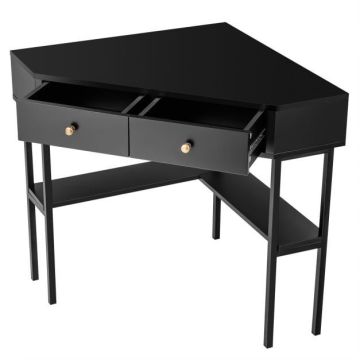Corner computer desk, 2 drawers and 2 shelves, Black, 39.5 × 28 × 29.5 inches