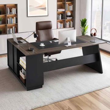 Corner desk VEVOR KLXZ-01, right, with drawers and cabinet, brown/black, 140 × 75.4 × 37 cm
