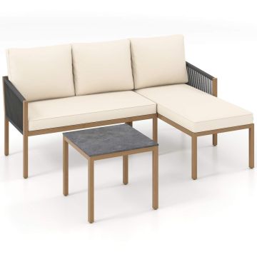 Corner garden lounge set, 3 pieces, UV-resistant fabric, wood imitation frame