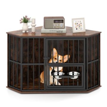 Corner dog cage, with adjustable feeder, 114 × 60 × 68 cm
