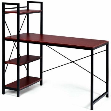Compact computer desk with 4-tier shelf, 120x60 cm, brown