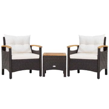 Compact outdoor furniture set with removable cushions, 2 chairs and table, brown