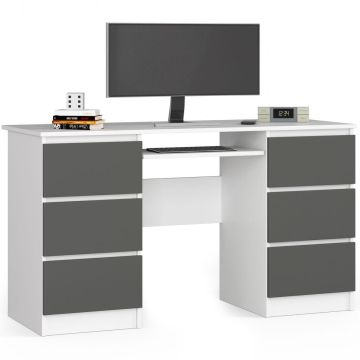 Computer desk A-11, 6 drawers, white/gray, 135 × 77 × 50 cm