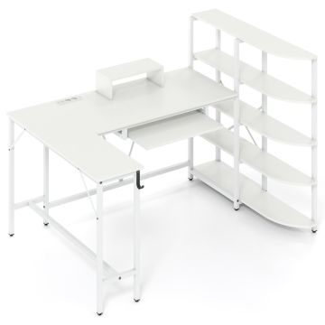 Computer desk, Corner, With 5-tier shelf, White, 160 × 108 × 109.5 cm