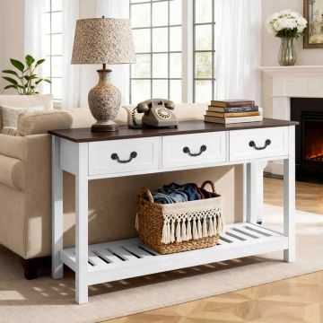 Консольный столик VEVOR XGZ0701W, 3 ящика и нижняя полка, Коричневый и белый, 120 × 80 × 30 см