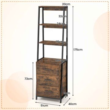 Ladder-shaped shelf, with 3 drawers and 4 shelves, brown/black, 51 × 176 × 40 cm