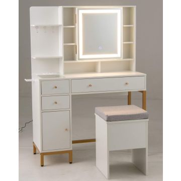 Kosmetinis staliukas, su HD LED veidrodžiu ir pufu, baltas, 98 × 138,5 × 40 cm