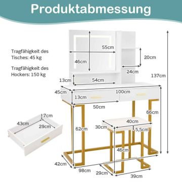 Vanity table, with stool, 100 × 45 × 137 cm