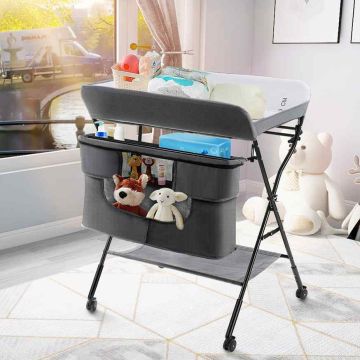 Baby changing table, 4 wheels and 5-compartment basket, 66 × 79.5 × 97–101 cm