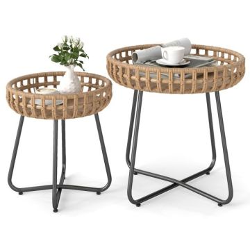 Set of 2 outdoor round side tables in different sizes, brown