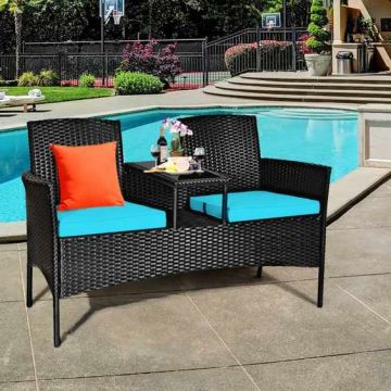 Outdoor Furniture Set, 2 Cushions, Black, White, Blue, 54.5 × 24 × 33 inches