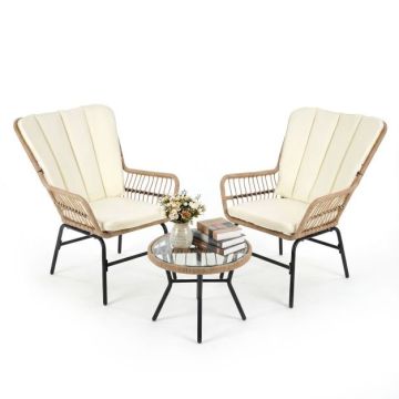 Outdoor furniture set 3 pcs. with cushions and tempered glass coffee table, beige