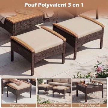 Lauko baldų komplektas, 5 dalių: 2 foteliai, 2 pufai ir staliukas, Rudas, 60,5 × 60 × 73 cm