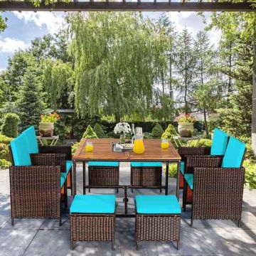 Outdoor furniture set, 9 pieces, Brown/turquoise, 110 × 110 × 75 cm