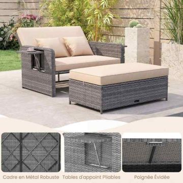 Outdoor furniture set, two-seater sofa and 122 l pouf, 166/122 × 70–111 × 55–88 cm