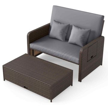 Outdoor furniture set, two-seater sofa and 122 l pouf, 166/122 × 70–111 × 55–88 cm