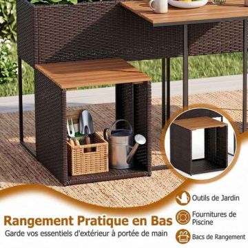 Outdoor furniture set with raised flowerpot, table and 2 chairs, brown
