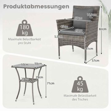 Outdoor bistro furniture set, 3 pieces, 2 chairs and 1 table, Grey