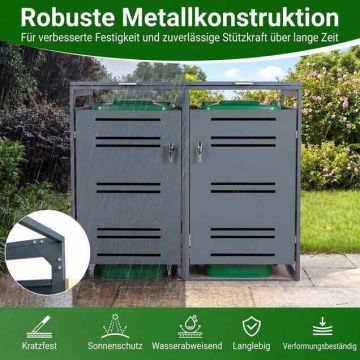 Lauko konteinerių saugojimo blokas, 2 konteineriams, Pilkas, 132 × 117 × 80 cm