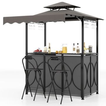 Outdoor gazebo, with bar table and 2 chairs, Gray, 6.3 × 4 × 8 feet