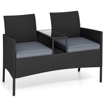 Outdoor sofa, 2-seater with table, Black, 126 × 84 × 62 cm