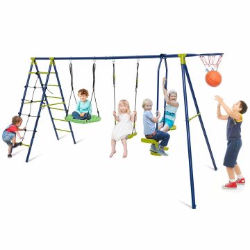 Outdoor swing set, 2 swings, green/blue, 335.28 × 139.7 × 175.26 cm