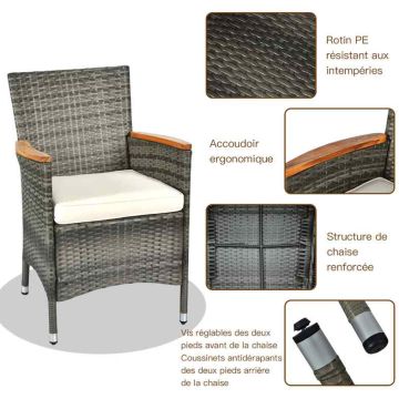 Outdoor dining set, 9 pieces, acacia wood, mixed grey PE rattan, with cushions and umbrella hole