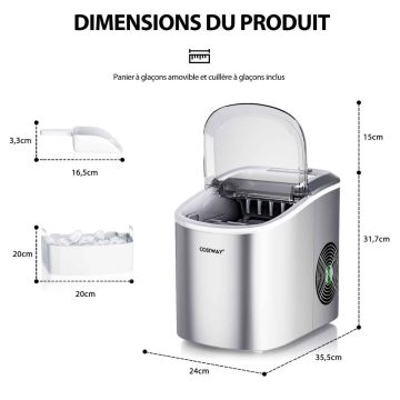 Ledo gaminimo aparatas, 2,2 l, 12 kg per 24 val, Sidabrinė, 24 × 35,5 × 31,7 cm