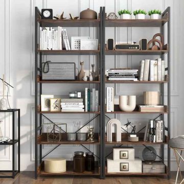 Shelf Stand, 6 Shelves, 4 Hooks, Brown, 68.58 × 177.8 × 34.29 cm