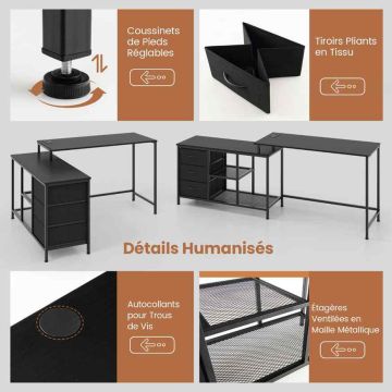 L-shaped transforming desk 205 cm with charging station and 3 drawers, black