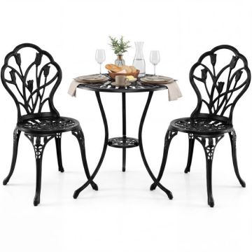 Cast aluminum outdoor garden furniture set, table with 4.5 cm umbrella hole, 2 chairs, tulip pattern