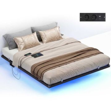 VASAGLE bed frame, LED lighting, 2 sockets, 3 USB ports, 180 × 200 cm